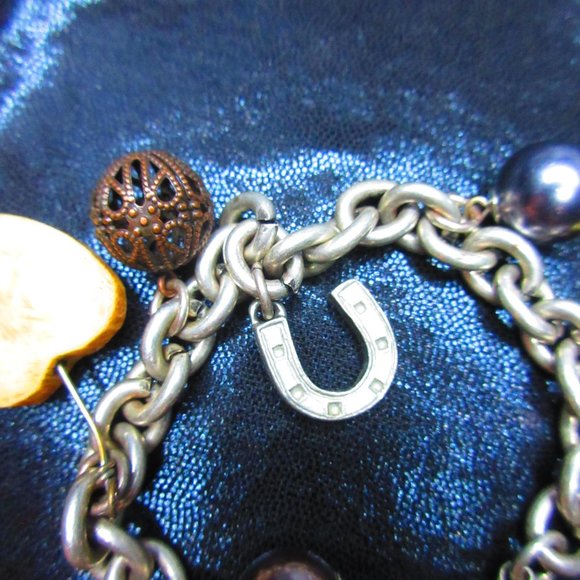 Charm Bracelet With Hearts Pearls Horseshoe Heart Locket Lobster Claw Clasp - Picture 7 of 8
